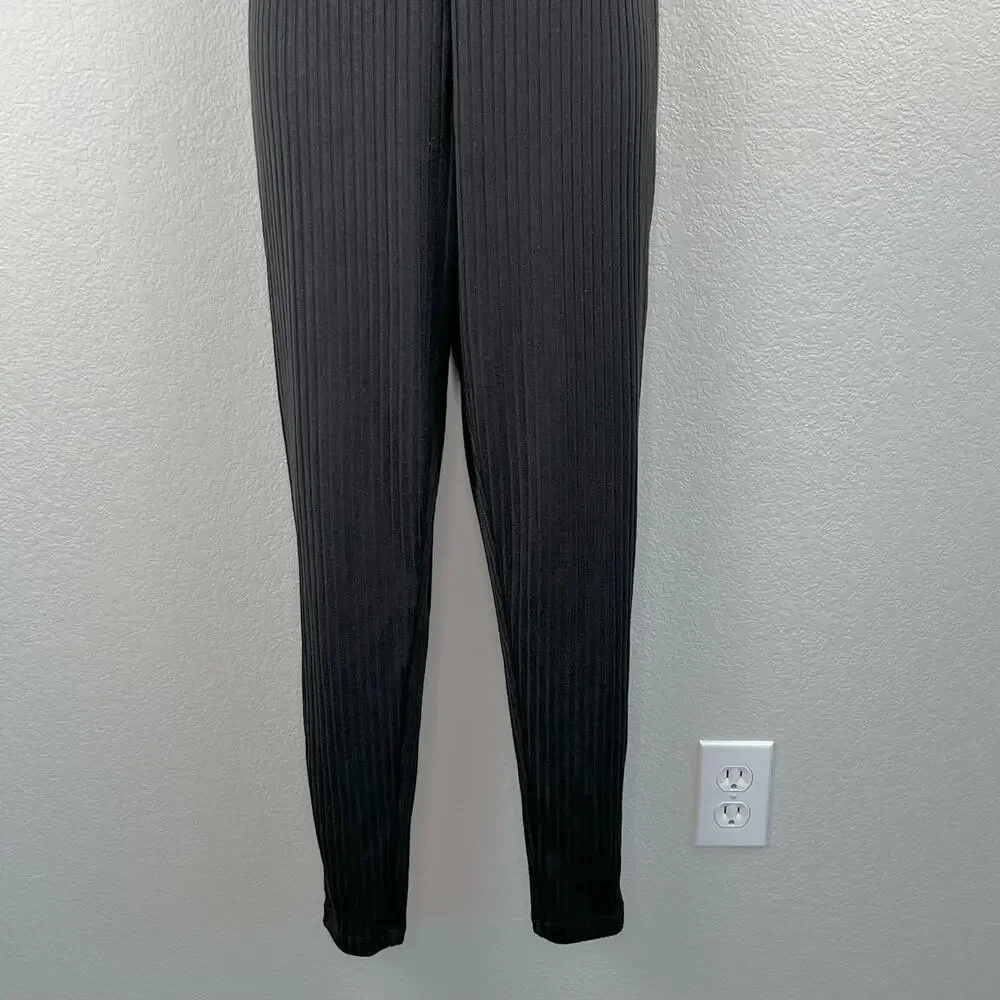 WeWoreWhat Black Ribbed Knit Jumpsuit XS Moto Overalls Buckle Strap Tapered Leg